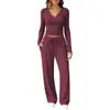 2026 Mais Vendido da Amazon Europeu e Americano Gola V Manga Longa Top Cordão Calça Wide Leg Terno Casual Feminino Em Estoque Atacado