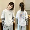 Nova camiseta feminina estilo coreano, falsa peça dupla, manga longa, algodão puro, base para outono, top versátil e estiloso para meninas
