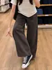 Pantalones cargo de mujer con dobladillo curvo, nuevo estilo de verano 2026, finos para figuras petite, color café, de cintura alta, holgados, cropped, casual, de pierna ancha