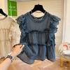 Camisa Francesa con Volantes y Manga Mariposa de Cuello Redondo para Mujer Verano Dulce Camisa Baby Doll Holgada Nicho Chic Top sin Mangas