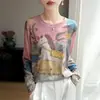 Blusa de Tricô Feminina com Gola Redonda, Estampa de Tinta, Manga Longa, Novo Estilo de Verão, Leve, Respirável, Pulôver Rejuvenescedor