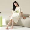 Camisón de Algodón Antibacteriano 7A Verano para Mujer Vestido Delgado de Manga Corta Rayado Se Puede Usar Afuera Pijama Talla Grande de Largo Medio