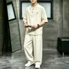 Traje Masculino de Algodão e Linho Bordado Estilo Chinês para o Verão 2026 com Gola Alta e Fechamento por Botões, Conjunto Casual de Duas Peças Estilo Tang Chinês Novo