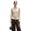 Fotos reales de la nueva colección de otoño 2026: Suéter tejido casual estilo francés, de corte holgado, con diseño calado, cordón ajustable, cuello en V y fruncido en la cintura para mujer