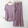 Conjunto de Pijama Casual Duas Peças Feminino de Modal com Gola Redonda e Manga Curta com Calça de Perna Larga Roupas de Casa Tamanho Plus Size Solto