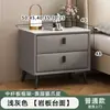 Mesita de noche de madera maciza y chapa de piedra, diseño moderno y minimalista, adecuada para apartamentos pequeños, con cajones para almacenamiento