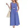 Comércio Exterior Transfronteiriço Europeu e Americano Amazon Site Independente Vestido Casual Casual Feminino Cor Sólida Gola Redonda Sem Mangas Bolso