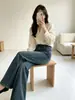 Jeans vintage lavados estilo americano de microcampana para mujeres petite, de cintura alta, corte ajustado, pierna ancha, bootcut, pantalones de largo hasta el suelo