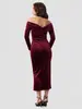 Vestido Bodycon Europeo y Americano Transfronterizo de Terciopelo Ajustado para Mujer, Estilo Nuevo con Cuello Cruzado en V, Hombros Descubiertos y Abertura Lateral Largo
