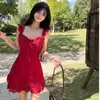 Saia Curta Vermelha Doce para Mulheres, Férias de Verão na Praia, Mangas Flare, Cintura com Amarração, Vestido Evasê, Vestido Sexy Petite