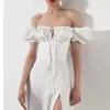 Verão 2026 Novo Estilo Transfronteiriço Europeu e Americano Comércio Exterior Roupas Femininas Elegantes Roupas de Trabalho Cor Sólida Manga Bufante Vestido com Fenda