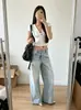 Jeans versátil azul claro lavado com efeito bigode de gato, corte reto solto para mulheres, novas calças casuais de cintura média, corte slim, perna larga 6016