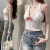 Estilo Campo Francés Estampado de Cerezas con Lazo Cuello en V Tirante al Cuello Puro Deseo Dulce Picante Sexy Espalda Descubierta Top para Mujer Verano