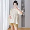Vestido de Maternidad 2025 Dulce Textura Mangas de Burbuja Plisadas Camisa de Muñeca Top para Mujeres Embarazadas Pantalones Cortos para Abdomen Traje para Mujeres Embarazadas