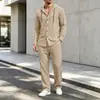 Conjunto con capucha para hombre de marca independiente transfronteriza con aspecto de lino, camisa casual de manga larga y pantalones largos, conjunto de dos piezas para la playa
