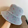 Chapéu de Pescador Jeans com Bordado de Folha Estilo Coreano para Mulheres, Primavera e Outono, Lavado Vintage Versátil ao Ar Livre Chapéu de Balde com Aba Larga para Proteger do Sol
