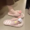 Chinelos Fofos de Gato com Laço de Pelúcia para Mulheres Outono e Inverno Xadrez Chinelos de Casa Quentes Antiderrapantes Chinelos Peludos