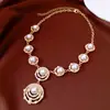 Brincos Redondos e Colar Vintage com Pérolas Incrustadas de Diamante, Corrente para Clavícula Estilo Palácio Retrô Francês, Conjunto de Joias Exquisito e Versátil