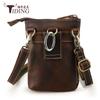 Bolsa de ombro de couro genuíno personalizada de fábrica para homens, bolsa pequena de couro Crazy Horse retrô para celular, bolsa de cintura pequena com cinto de desgaste reverso