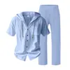 Conjunto de Verano Transfronterizo Estilo Americano Holgado de Lino Transpirable Camisa con Capucha y Bolsillo de Manga Corta y Pantalón Largo para Hombre 2026