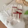 Calcetines para Mujer en Otoño e Invierno Calientes Rojos de Lana Calcetines de Mujer Calcetines de Media Caña con Lazo Lindos de Dibujos Animados Calcetines de Año Nuevo Medias