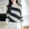 Suéter de punto casual estilo francés a rayas con diseño calado de manga larga para mujer, corte holgado, adelgazante, elegante y extremadamente atractivo