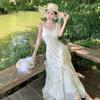 Vestido Blanco de Chifón Floral con Tirantes Estilo Vacacional Romántico Francés para Mujer Verano Cintura Adelgazante Súper Hada Elegante Falda Larga