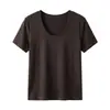 Camiseta de Manga Corta con Cuello en U de Color Sólido, Costura Trasera, de Tencel + Lino para Mujer, Estilo Nuevo, Fresca y con Caída, Top Holgado y Versátil para Mujer