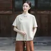 26 Verão Novo Algodão Linho Roupas Femininas Estilo Zen Budista Retrô Gola Alta Costura Botões de Rã Roupas Lisas Lapela Assimétrica Camisa Top