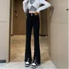 Calças Pretas Femininas Tamanho Pequeno Primavera e Outono Combinando Cintura Alta Slim Split Flare Jeans com Micro Flare Forrado de Lã