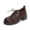 Sapatos Loafers Femininos de Couro Genuíno com Salto Bloco e Bico Fechado para o Trabalho - Novidade Outono 2026 - Bico Redondo - Cadarço - Retro - Solado Grosso - Aumenta a Altura - Sapatos Pequenos de Couro