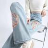 Novos Jeans de Cintura Alta com Pernas Retas Estilo Chinês com Bordados Nacionais, Calças Largas de Cintura Alta para Mulheres em Formato Pera, Calças de Comprimento Total