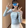 Camiseta Base de Punto para Mujer con Escote Cruzado Colgante, Nueva Camiseta Interior de Manga Larga con Hombros Descubiertos para Otoño e Invierno, Top de Deseo Puro Transfronterizo