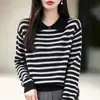 Suéter de Tricô Gola Polo Listrado Retro Outono Inverno Feminino Malha Solta Macio Quente Pulôver Casual Top Versátil