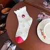 Nuevos Calcetines Cortos Rojos de Algodón Bordados de Dibujos Animados Estilo Coreano Ins para Primavera y Verano Versátiles Casuales Borde Fruncido Calcetines para Niñas