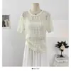 Top de Punto Holgado de Ganchillo Calado Estilo Coreano con Cuello Redondo y Manga Corta, Nuevo Modelo Verano 2026, Ligeramente Transparente, Rejuvenecedor, Color Sólido para Mujer