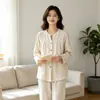 2026 Primavera/Otoño Nuevo Simple Cuadros Unisex Ropa para el Hogar Algodón Lino Cárdigan Manga Larga Pantalón Largo Transpirable Casual Pijama