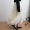 Saia de Cor Sólida com Bordado Literário Estilo Fada Linha A Primavera Verão Nova Moda Para Ir ao Trabalho Comprimento Médio Cintura Elástica Saia Feminina