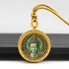Collar Colgante Thangka Redondo de 2.5 Pulgadas Pintado a Mano con Oro Ocho Guardianes Amarillo Fortuna Zakiram Pasado y Presente