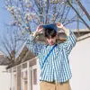 Chaqueta Camisa Azul a Cuadros de Marca Tendencia Estilo Americano para Hombres y Mujeres Otoño Holgada Retro Estilo Hong Kong Chic Par Camisa de Manga Larga