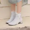 24 Botas de Tornozelo de Salto Grosso Baixo Outono Estilo Chinês Antigo Retro Verde Claro Azul Claro Off-White Femininas Tamanho Grande Tamanho Pequeno