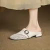 Zapatillas de Media Piel Caladas Tejidas a Mano para Mujer, Sandalias de Verano para Exterior, Zapatos Mary Jane Franceses, Zapatillas Mula