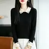 Suéter de Punto con Bloques de Color Estilo Universitario Coreano, Solapa, Falso Dos Piezas, para Mujer, Otoño Invierno, para el Trabajo, Adelgazante, Capa Interior, Tacto de Alta Gama, Suéter para Mujer