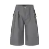 Shorts de Terno Risca de Giz Yongfang Estilo Old Money Americano para Homens e Mulheres Textura Solta Design Plissado Casual Reto Calças Sete Pontos