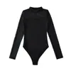 Body de Malla Transparente Patchwork Negro Cuello Semi-Alto Manga Larga Estilo Americano para Mujer, Primavera 2026 Ajustado Favorecedor Top Hot Girl