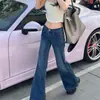 Jeans Acampanados de Cintura Baja Estilo Americano para Mujer, Nuevo Modelo de Otoño, Adelgazantes Azul Oscuro, Pantalones Acampanados de Pierna Recta Elásticos No Ajustados