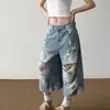 Shorts de mezclilla rotos para hombre para el verano, corte recto holgado, estilo de alta calle americano, marca de moda, pantalones cropped retro geniales