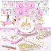 Traje de fiesta de unicornio, vajilla para fiestas de cumpleaños infantiles, bandeja de papel desechable, vaso de papel, toalla de papel, mantel