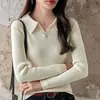 Processamento OEM suéter de malha com gola polo feminina, pulôver canelado, cor sólida, novo estilo coreano, camada interna elegante