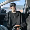 Sudadera con Cuello Redondo Patchwork Gris Claro para Hombre, Estilo Retro Americano, Peso Pesado, Camiseta de Manga Larga Rígida, Corte Holgado, Camiseta Base Capa Interior